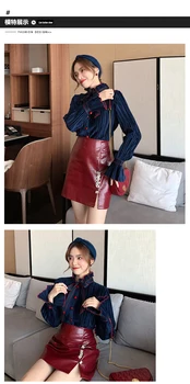 Korejski Elegantne Ženske Modra Velur Srajce Ogrlicom Ovratnik Ruffles Srajce Femme Romantično Stranka Velur Bluze Lady Žamet Vrhovi