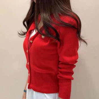Korejski Gumb Vrhovi Enotni-Zapenjanje Puloverji Jopico Plašč Jeseni Mode Slim Dolgimi Rokavi Ženske Pulover Pleten Ženska Oblačila