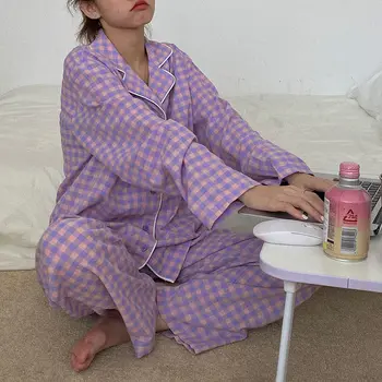 Korejski Pižamo za Ženske Bombaž Kariran Leni Slog Sleepwear Zimske Ženske Pižame Homewear Pizama Damska Pijamas Mujer Invierno