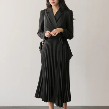 Korejski Ženske obleke Oblačila 2020 Jeseni Oblikovalec Dolg Rokav Nabrano Obleko Modne Zarezo Ovratnik, Dolgi Lok Jopič obleko