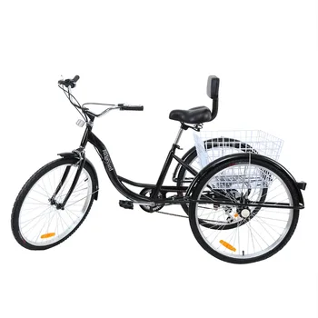 (Ladja iz EU) 7 Hitrosti 26 inch 3 Kolo za Odrasle Kolesa Tricikel Vagon Cruise Bike Črna z Košarico