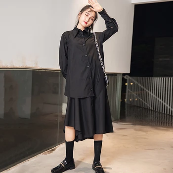 LANMREM 2021 jeseni mode novo črno street nositi asimetrične zavoj navzdol ovratnik mid-tele dolžino majica slog žensk obleko 2A649