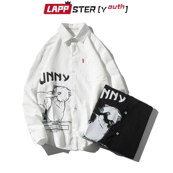 LAPPSTER Moških Harajuku Smešno Mačka Srajce 2020 Kpop Nekaj Majice z Dolgimi Rokavi Žep korejski Modnih Hip Hop Bele Srajce Plus Velikost