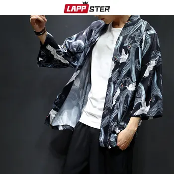 LAPPSTER Moških Ulične Kimono Suknjič 2020 Mens Priložnostne Tiskanja Pisane Japonski Kimono Plašč Moški Svoboden Poletje Jopico Plus Velikost