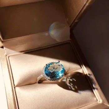 Lep Akvamarin Modra Cirkon Prstan Srebro 925 Obroč Za ženske fine nakit Prst Prstan