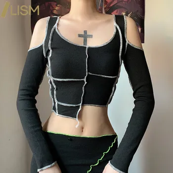 LISM Votlih Iz O-Vrat Harajuku T-Majica, Dolg Rokav Pomlad Poletje zgornji deli oblačil za Ženske 2021 Modno Črtasto Gothic Punk Oblačila