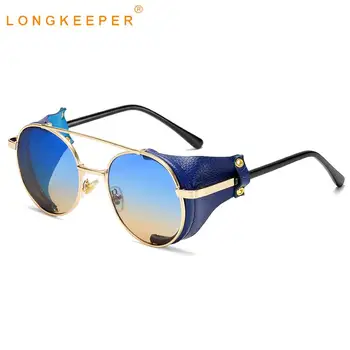 LongKeeper Steampunk sončna Očala Moških Kovinski Okroglo Usnje Strani Ščit sončna Očala Ženske Retro Punk Gradient Očala UV400 Gafas