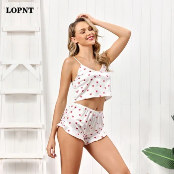 LOPNT Sleepwear nastavite Seksi globoko V-Neck pižamo set za ženske femal Ljubezen, tiskanje pižame, Spalne brez Rokavov more hlače