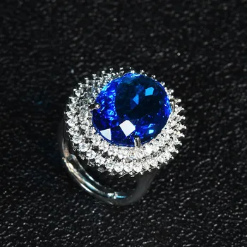 Luksuzni Nakit Ovalne Modra Kristal Kamene S925 Srebrnimi Obroči Za Ženske Poroko Visoko Kakovostni Stranka Moda Prst Prstan Nastavljiva Velikost