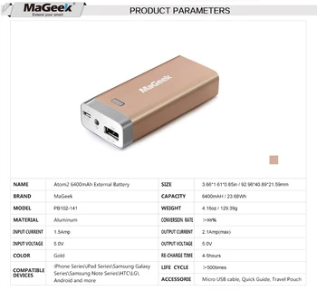 MaGeek Moči Banke 6400mAh Zunanji Akumulator Prenosne varnostne Kopije Moč za iPad, iPhone, Samsung, HTC, LG Mobilni Telefoni