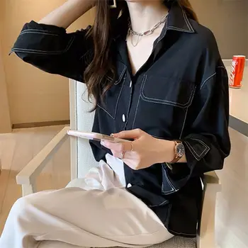 Majice Ženske Plus Velikost Beloprsi Singl Nov Prihod Žepi Trdna Preprost Šifon Priložnostne Bluze Korejski Trendovski Šik Prosti Čas Womens