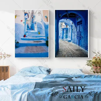 Maroko Dekoracijo Potovanja Fotografije Plakatov in Fotografij Starega Mesta, Modra Arhitekture Fine Art Tisk Platno Slikarstvo Doma Dekor