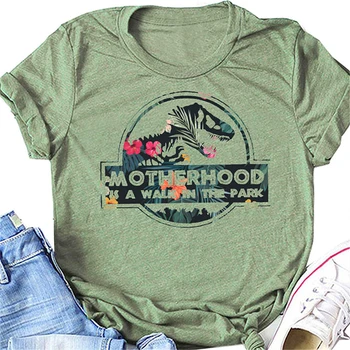 Materinstvo Je Sprehod V Park, Smešno Dinozaver Natisnjeni Ženske T Srajce Mama Življenje Grafični Tshirt Vzročno Tumblr T-majica, Zelena Majica