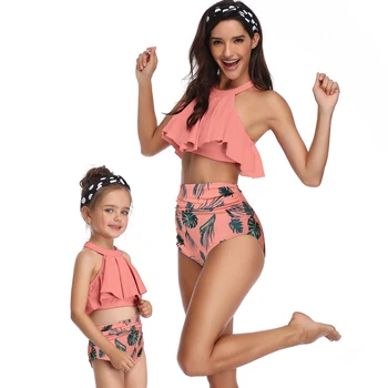 Mati in Hči Povodcem Kopalke Visoko Pasu Bikini otroške Kopalke Družino Obleke Videz Kopalke za Dekleta Plaža Obrabe