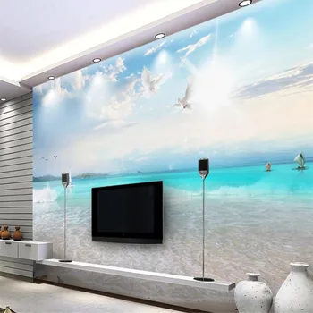 Milofi po meri velikih ozadje zidana modro nebo, beli oblak plaži seascape dnevna soba, spalnica ozadju dekoracijo sten slikarstvo