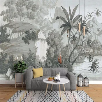 Milofi po meri velikih ozadje zidana retro nostalgično ročno poslikano deževnega gozda banana dlani, kavč, TV ozadju stene