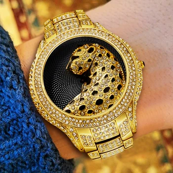 MISSFOX Črno-Leopard Watch Luksuzne blagovne Znamke Moški Zlata Ura Čare Polno Diamond 18K Zlato uro Moških Zapestje Hip Hop Quartz Ure