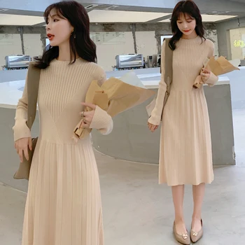 Moda 2019 Novo Visoko Pas Obleke, Casual, Kratek A-line Obleko Poletje Plesti Svoboden korejski Mid-tele Obleko Letnik