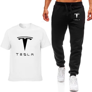 Moda Poletne Moške Majice s kratkimi rokavi Tesla Car Logotip Tiskanja HipHop Priložnostne Bombaža, Kratek Rokav visoke kakovosti T-shirt obleko hlače Moški Oblačila