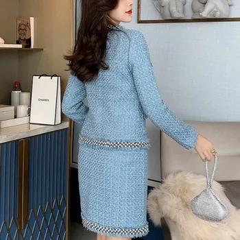 Moda Za Ženske Beaded Sequined Kariran Tweed Suknjič Mini Krilo, Dva Kosa Določa 2020 Novo O-Vratu Modra Elegantne Dame Krilo Set S-L