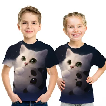 Modna 3D Živali Hišnih Mačk Print Majica s kratkimi rokavi Otroci Harajuku Slog Top T-shirt Fant/Dekle Krog Vratu T-shirt Kratek Rokav