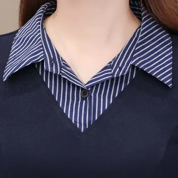 Mozaik prugasta turndown ovratnik shirt obleko za ženske jeseni vitek pas gumb midi obleko plus velikost 5XL mornarsko-modra A-line oblačenja