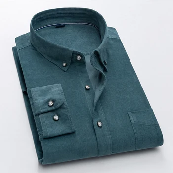 Moške Gumb navzdol Long Sleeve Vintage Velvet Majica En Obliž Žep Standard-fit Jeseni Udobno Bombaž Priložnostne Majice