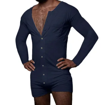 Moške Pižame Dolgimi Rokavi Jumpsuit Udobno Homewear Proti-vrat Gumb za Prosti čas Moški Sleepwear Romper Seksi Barva More
