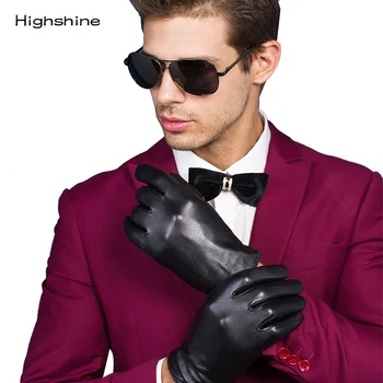 Moški je Resnično Prave ovčje Usnje Rokavice Črne Rokavice za Zaslon na Dotik Gumb Modne blagovne Znamke Pozimi toplo usnjene rokavice