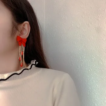 MWSONYA Moda Koreja Elegantno Črno Rdeče Mah Bowknot Uhani za Ženske Dolgo Nosorogovo Verige Pearl Tassel Visijo Nakit Darilo