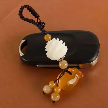 Naravni Chalcedony Srečo, Bogastvo Vrečko Obesek Ročno Izrezljane Lotus Keychains Key Ring Ključa Imetnika za Ženske Avto Torbe Oprema