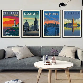 New York, Amsterdam, Nizozemska Francija Letnik Potovanja, Mesta, Pokrajine Platno Slikarstvo Plakati Wall Art Slike za Dom Dekor