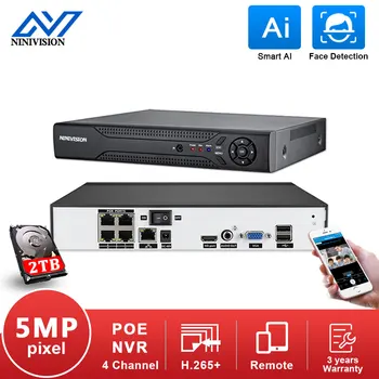 NIVISION H. 265 4CH NVR POE 1080P 5MP Nadzor CCTV NVR 48V PoE Za H. 265 IP Kamero P2P ONVIF Omrežja, Video Snemalnik, ki 2TB
