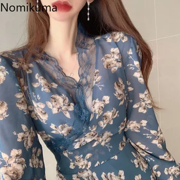 Nomikuma Čipke Mozaik Cvjetnim Natisne Vintage Obleko Žensk V Vratu Dolg Rokav Vitek Pas korejske Ženske Obleke Vestidos 3a595