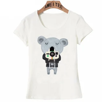 Nov poletni Ženske t-shirt srčkan koala medved, ki je s svojo vintage fotoaparata ob selfie T-Shirt maiden priložnostne zgornji deli oblacil ženske Tees