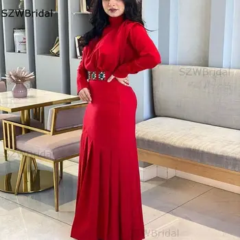 Nov Prihod Dolg rokav večerne obleke ženske stranka noč Abendkleider 2021 Spandex Rdeče caftan marocain Večernih oblek