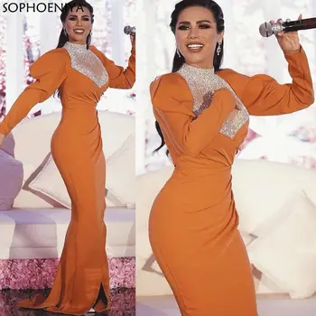 Nov Prihod Vestidos Visoko Vratu Oranžna Večerne Obleke z Dolgimi Rokavi Beaded arabski morska deklica Elegantne Večerne Obleke Haljo de soiree