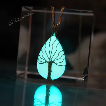 Nova Svetlobna kamen Vodnih kapljic Ogrlico, Obesek, bakrena žica za navijanje drevo Žareti V Temno Očarljiva Ogrlica Ročno