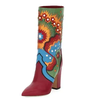 Novo Modno Oblikovanje Modrega Jeansa Glitters Zvezde dekoracijo Gleženj Škornji Za Ženske Seksi Konicami Prstov Strani Zip Kvadratnih Pete Plen
