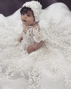 Novo Čipke Krst Oblek Za Baby Dekleta Kristalno 3D Cvetlični Appliqued Krst Obleke S Pokrovom Prvem Sporočilu Obleko