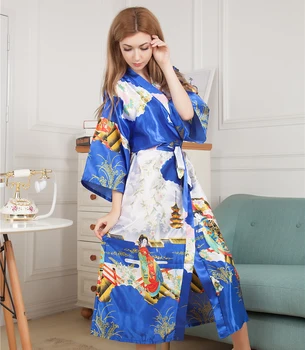 Novost Natisnjeni Dolgo Slog Žensk Kimono Plašč Letnik Natisnjeni Nightgown Kopalni Plašč Saten Sleepwear Hišna Obleke Ena Velikost M05