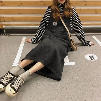 Obleka Ženske Denim Črna A-line Mid-tele Priložnostne Žepi Kawaii Študent Svoboden brez Rokavov Ženska korejskem Slogu Harajuku Trak Chic