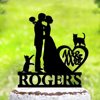 Osebno Poročna torta pokrivalo s cat silueta torto pokrivalo z dvema mačke,po Meri priimek torto pokrivalo,Mačke svate