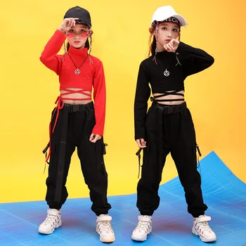 Otroci Hip Hop Oblačila Visoko Neck Majica Rokavi Top Rastlinske Črne Teče Hlače Priložnostno za Dekle, Jazz Ples Kostum Ples Obleke