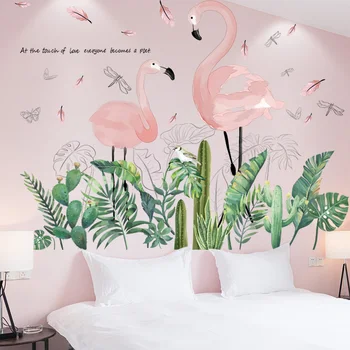 Pink Flamingo Živali Stenske Nalepke DIY Zelenih Rastlin, Listi Stenske Nalepke za Otroke Sobe, Otroška Soba Dekoracijo