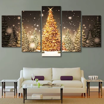 Plakati Okvir Dnevna Soba Dekoracijo Sten Umetnine 5 Plošči Božično Drevo Moderno Slikarstvo Na Platno Začetni Slike HD Natisnjen