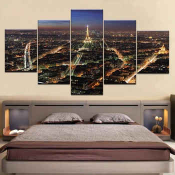 Platna, Plakati, Umetniške Slike Okvir Doma Dekor 5 Plošči Paris Cityscape, Stolp noč ogled Krajine Dnevna Soba HD Tiskane Slike