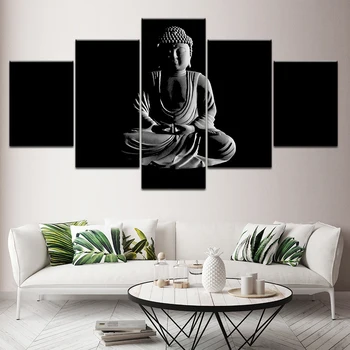 Platno Slikarstvo črno in belo, Buda 5 Kosov Steno Umetnosti Slikarstva Modularni Zbirnik Poster Tiskanje za dnevni sobi Doma Dekor
