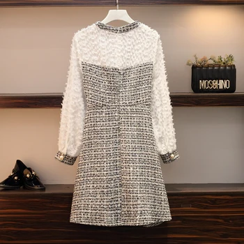Plus Velikost 2019 Ženske, Luksuzno Obleko Jeseni Leta 2019 Moda Belo Tassel Dolg Rokav Mozaik Kariran Tweed Ženske A-linija Obleke L-5XL