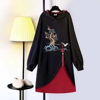 Plus Velikost Ulične Kitajski Slog Žensk Debele Majica Obleka Ženske Jeseni Mid-dolžina Tradicionalnih Hanfu Cheongsam Hoodies